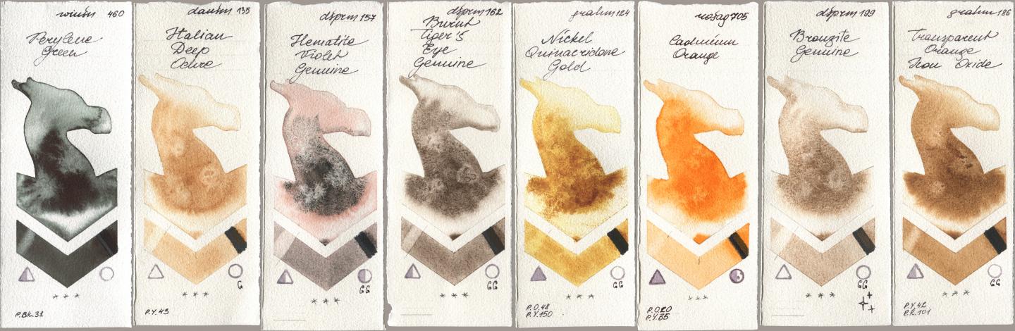 Winsor & Newton Professional 460 Perylene Green, Daniel Smith 135 Italian Deep Ochre, 157 Hematite Violet Genuine, 162 Burnt Tigers Eye Genuine, M. Graham & Co. Artists 124 Nickel Quinacridone Gold, Rosa Gallery 705 Cadmium Orange, 199 Bronzite Genuine, 186 Transparent Orange Iron Oxi watercolor swatch