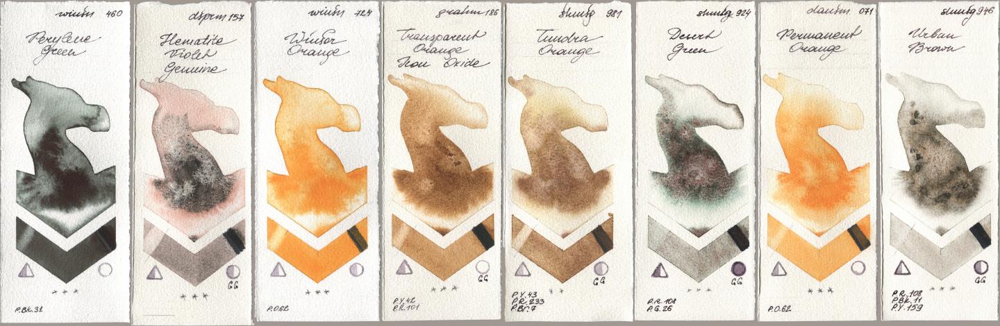 Winsor & Newton Professional 460 Perylene Green, Daniel Smith 157 Hematite Violet Genuine, 724 Winsor Orange, M. Graham & Co. Artists 186 Transparent Orange Iron Oxide, Shminke Horadam Aquarell 981 Tundra Orange, 924 Desert Green, 071 Permanent Orange, 946 Urban Bro watercolor swatch