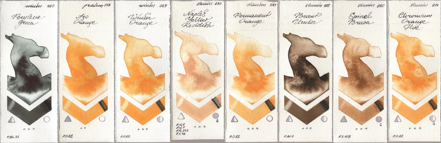 Winsor & Newton Professional 460 Perylene Green, M. Graham & Co. Artists 017 Azo Orange, 724 Winsor Orange, Shminke Horadam Aquarell 230 Naples Yellow Reddish, Daniel Smith 071 Permanent Orange, 668 Burnt Umber, 650 Spinel Brown, 214 Chrome Organge LF (Chromium Orange Hu watercolor swatch