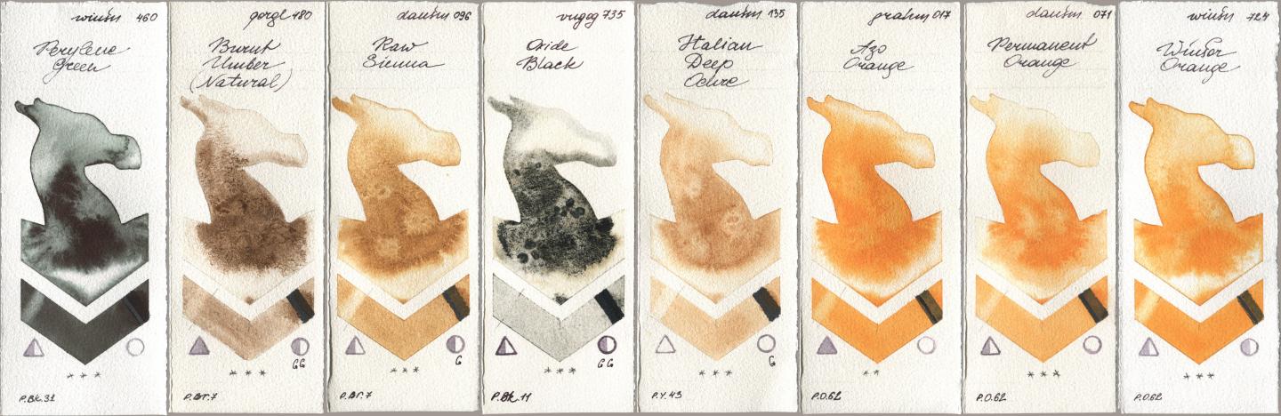 Winsor & Newton Professional 460 Perylene Green, Golden QOR 480 Burnt Umber (Natural), Daniel Smith 096 Raw Sienna, Royal Talens Van Gogh Watercolour 735 Oxide Black, 135 Italian Deep Ochre, M. Graham & Co. Artists 017 Azo Orange, 071 Permanent Orange, 724 Winsor Oran watercolor swatch