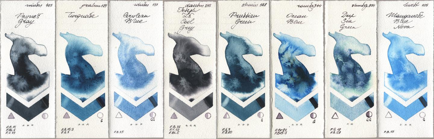 Winsor & Newton Professional 465 Paynes Gray, M. Graham & Co. Artists 189 Turquoise, 137 Cerulean Blue, Daniel Smith 245 Joseph Zs Cool Grey, Shminke Horadam Aquarell 528 Prussian Green, Roman Szmal Aquarius 344 Ocean Blue, 954 Deep Sea Green, Holbein Artists Watercolor 105 Manganese Blue No watercolor swatch