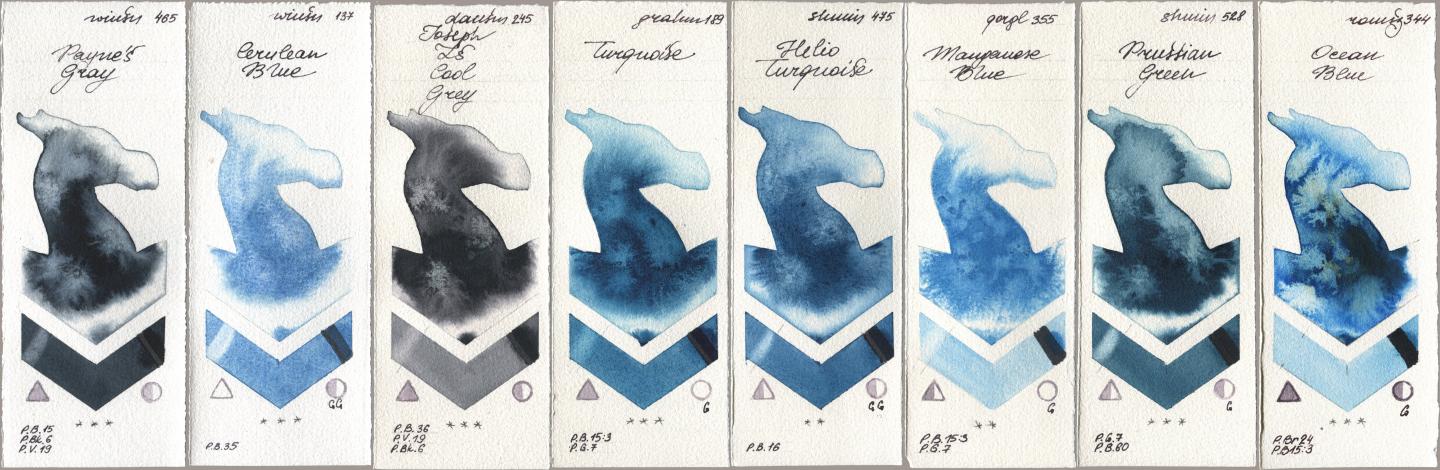Winsor & Newton Professional 465 Paynes Gray, 137 Cerulean Blue, Daniel Smith 245 Joseph Zs Cool Grey, M. Graham & Co. Artists 189 Turquoise, Shminke Horadam Aquarell 475 Helio Turquoise, Golden QOR 355 Manganese Blue, 528 Prussian Green, Roman Szmal Aquarius 344 Ocean Bl watercolor swatch