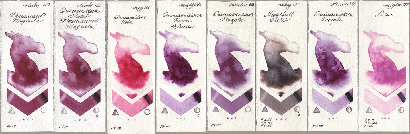 Winsor & Newton Professional 489 Permanent Magenta, Holbein Artists Watercolor 120 Quinacridone Violet (Permanent Magenta), Royal Talens Van Gogh Watercolour 366 Quinacridone Rose, 593 Quinacridone Purple Bluish, Daniel Smith 225 Quinacridone Purple, Rosa Gallery 787 Nightfall Violet, Shminke Horadam Aquarell 472 Quinacridone Purple, Mijello Mission Gold 558 Lil watercolor swatch