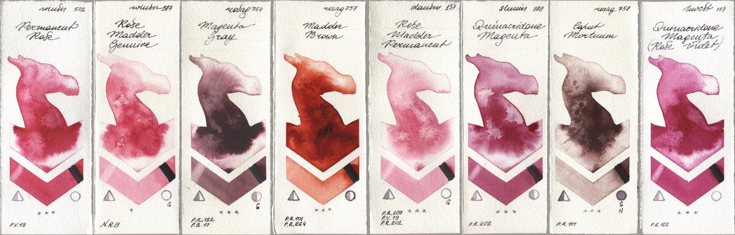 Winsor & Newton Professional 502 Permanent Rose, 587 Rose Madder Genuine, Rosa Gallery 764 Magenta Gray, 757 Madder Brown, Daniel Smith 237 Rose Madder Permanent, Shminke Horadam Aquarell 369 Quinacridone Magenta, 758 Caput Mortuum, Holbein Artists Watercolor 119 Quinacridone Magenta (Rose Viole watercolor swatch