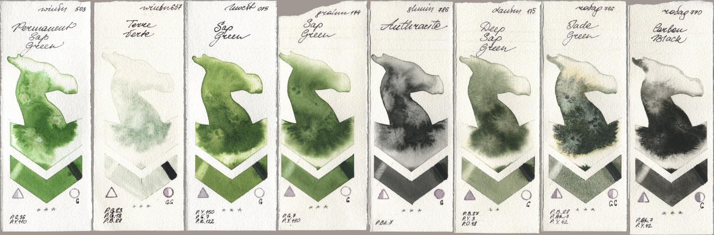 Winsor & Newton Professional 503 Permanent Sap Green, 637 Terre Verte, Holbein Artists Watercolor 075 Sap Green, M. Graham & Co. Artists 174 Sap Green, Shminke Horadam Aquarell 786 Anthracite, Daniel Smith 175 Deep Sap Green, Rosa Gallery 766 Jade Green, 770 Carbon Bla watercolor swatch
