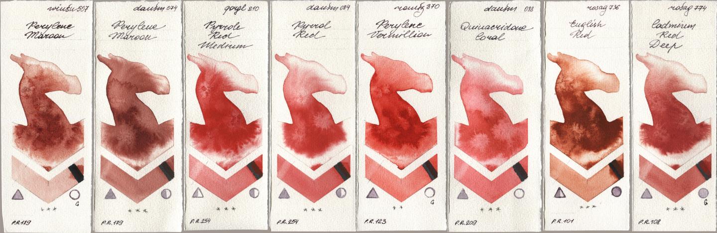 Winsor & Newton Professional 507 Perylene Maroon, Daniel Smith 074 Perylene Maroon, Golden QOR 210 Pyrrole Red Medium, 084 Pyrrol Red, Roman Szmal Aquarius 370 Perylene Vermillion, 088 Quinacridone Coral, Rosa Gallery 736 English Red, 774 Cadmium Red De watercolor swatch