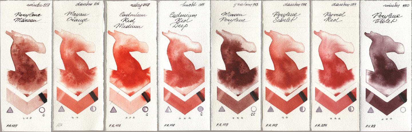 Winsor & Newton Professional 507 Perylene Maroon, Daniel Smith 216 Mayan Orange, Rosa Gallery 707 Cadmium Red Medium, Holbein Artists Watercolor 015 Cadmium Red Deep, M. Graham & Co. Artists 113 Maroon Perylene, 076 Perylene Scarlet, 084 Pyrrol Red, 470 Perylene Viol watercolor swatch