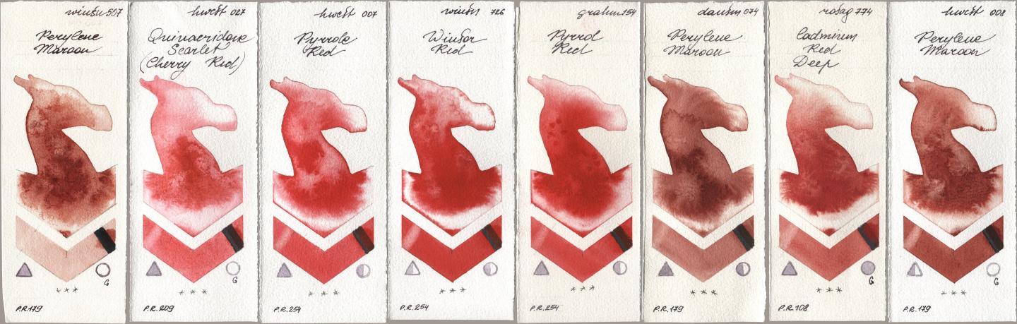 Winsor & Newton Professional 507 Perylene Maroon, Holbein Artists Watercolor 027 Quinacridone Scarlet (Cherry Red), 007 Pyrrole Red, 726 Winsor Red, M. Graham & Co. Artists 154 Pyrrol Red, Daniel Smith 074 Perylene Maroon, Rosa Gallery 774 Cadmium Red Deep, 008 Perylene Maro watercolor swatch