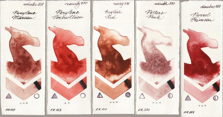 Winsor & Newton Professional 507 Perylene Maroon vs Roman Szmal Aquarius 370 Perylene Vermillion vs Rosa Gallery 736 English Red vs 537 Potters Pink vs Daniel Smith 127 Pyrrol Crimson watercolor swatch