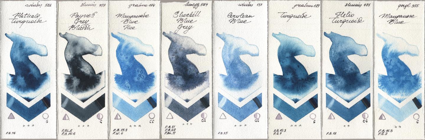 Winsor & Newton Professional 526 Phthalo Turquoise, Shminke Horadam Aquarell 787 Paynes Grey Bluish, M. Graham & Co. Artists 114 Manganese Blue Hue, Holbein Artists Watercolor 564 Shoebill Blue Grey, 137 Cerulean Blue, 189 Turquoise, 475 Helio Turquoise, Golden QOR 355 Manganese Bl watercolor swatch