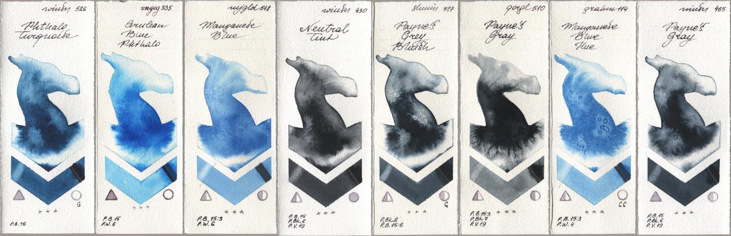 Winsor & Newton Professional 526 Phthalo Turquoise, Royal Talens Van Gogh Watercolour 535 Cerulean Blue Phthalo, Mijello Mission Gold 548 Manganese Blue, 430 Neutral Tint, Shminke Horadam Aquarell 787 Paynes Grey Bluish, Golden QOR 510 Paynes Gray, M. Graham & Co. Artists 114 Manganese Blue Hue, 465 Paynes Gr watercolor swatch