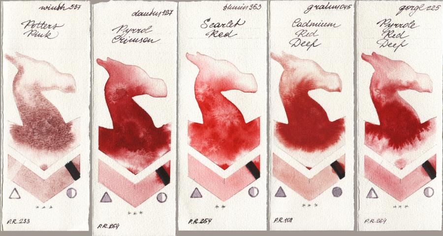 Winsor & Newton Professional 537 Potters Pink vs Daniel Smith 127 Pyrrol Crimson vs Shminke Horadam Aquarell 363 Scarlet Red vs M. Graham & Co. Artists 045 Cadmium Red Deep vs Golden QOR 225 Pyrrole Red Deep watercolor swatch