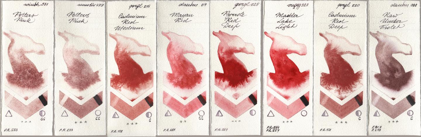 Winsor & Newton Professional 537 Potters Pink, Maimeri Blu 479 Potters Pink, Golden QOR 215 Cadmium Red Medium, Daniel Smith 217 Mayan Red, 225 Pyrrole Red Deep, Royal Talens Van Gogh Watercolour 327 Madder Lake Light, 220 Cadmium Red Deep, 098 Raw Umber Viol watercolor swatch