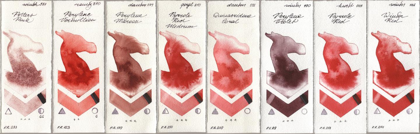 Winsor & Newton Professional 537 Potters Pink, Roman Szmal Aquarius 370 Perylene Vermillion, Daniel Smith 074 Perylene Maroon, Golden QOR 210 Pyrrole Red Medium, 088 Quinacridone Coral, 470 Perylene Violet, Holbein Artists Watercolor 007 Pyrrole Red, 726 Winsor R watercolor swatch