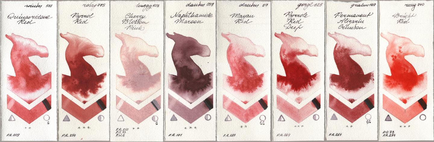 Winsor & Newton Professional 548 Quinacridone Red, Rosa Gallery 775 Pyrrole Red, Holbein Artists Watercolor 503 Cherry Blossom Pink, Daniel Smith 059 Naphthamide Maroon, 217 Mayan Red, Golden QOR 225 Pyrrole Red Deep, M. Graham & Co. Artists 129 Permanent Alizarin Crimson, 740 Bright R watercolor swatch