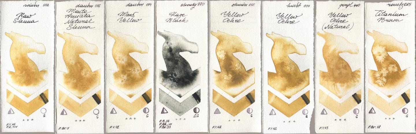 Winsor & Newton Professional 552 Raw Sienna, Daniel Smith 056 Monte Amiata Natural Sienna, 054 Mars Yellow, Shminke Horadam Aquarell 970 Haze Black, 655 Yellow Ochre, Holbein Artists Watercolor 034 Yellow Ochre, Golden QOR 440 Yellow Ochre (Natural), Roman Szmal Aquarius 265 Titanium Bro watercolor swatch