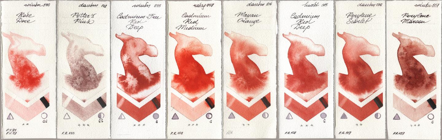 Winsor & Newton Professional 576 Rose Dore, Daniel Smith 148 Potters Pink, 895 Cadmium-Free Red Deep, Rosa Gallery 707 Cadmium Red Medium, 216 Mayan Orange, Holbein Artists Watercolor 015 Cadmium Red Deep, 076 Perylene Scarlet, 507 Perylene Maro watercolor swatch