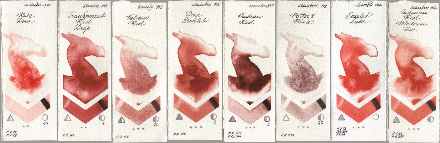 Winsor & Newton Professional 576 Rose Dore, Shminke Horadam Aquarell 355 Transparent Red Deep, 913 Volcano Red, Daniel Smith 033 Deep Scarlet, Royal Talens Rembrandt Watercolour 347 Indian Red, 148 Potters Pink, Holbein Artists Watercolor 022 Scarlet Lake, 222 Cadmium Red Medium H watercolor swatch