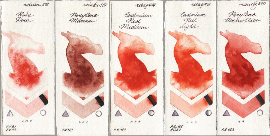 Winsor & Newton Professional 576 Rose Dore vs 507 Perylene Maroon vs Rosa Gallery 707 Cadmium Red Medium vs 706 Cadmium Red Light vs Roman Szmal Aquarius 370 Perylene Vermillion watercolor swatch