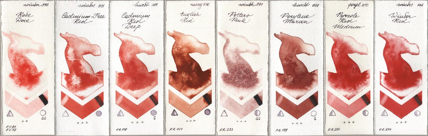 Winsor & Newton Professional 576 Rose Dore, 901 Cadmium-Free Red, Holbein Artists Watercolor 015 Cadmium Red Deep, Rosa Gallery 736 English Red, 537 Potters Pink, 008 Perylene Maroon, Golden QOR 210 Pyrrole Red Medium, 726 Winsor R watercolor swatch