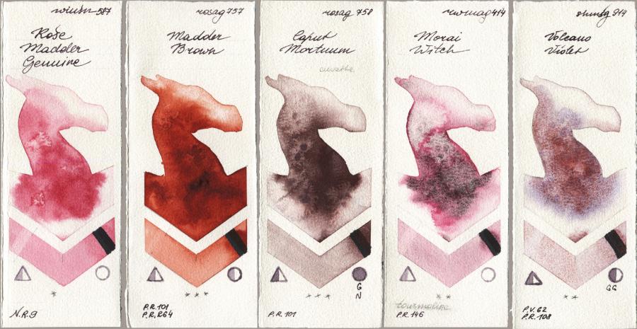 Winsor & Newton Professional 587 Rose Madder Genuine vs Rosa Gallery 757 Madder Brown vs 758 Caput Mortuum vs Rockwell 414 Morai Witch vs Shminke Horadam Aquarell 914 Volcano Violet watercolor swatch