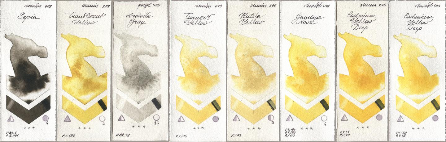 Winsor & Newton Professional 609 Sepia, Shminke Horadam Aquarell 209 Translucent Yellow, Golden QOR 525 Ardoise Gray, 649 Turners Yellow, 205 Rutile Yellow, Holbein Artists Watercolor 048 Gamboge Nova, 226 Cadmium Yellow Deep, 043 Cadmium Yellow De watercolor swatch