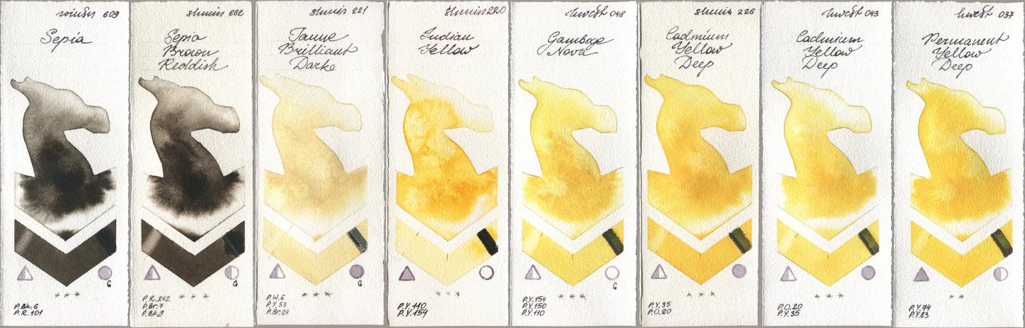 Winsor & Newton Professional 609 Sepia, Shminke Horadam Aquarell 662 Sepia Brown Reddish, 221 Brilliant Yellow Dark (Jaune Brilliant Dark), 220 Indian Yellow, Holbein Artists Watercolor 048 Gamboge Nova, 226 Cadmium Yellow Deep, 043 Cadmium Yellow Deep, 037 Permanent Yellow De watercolor swatch
