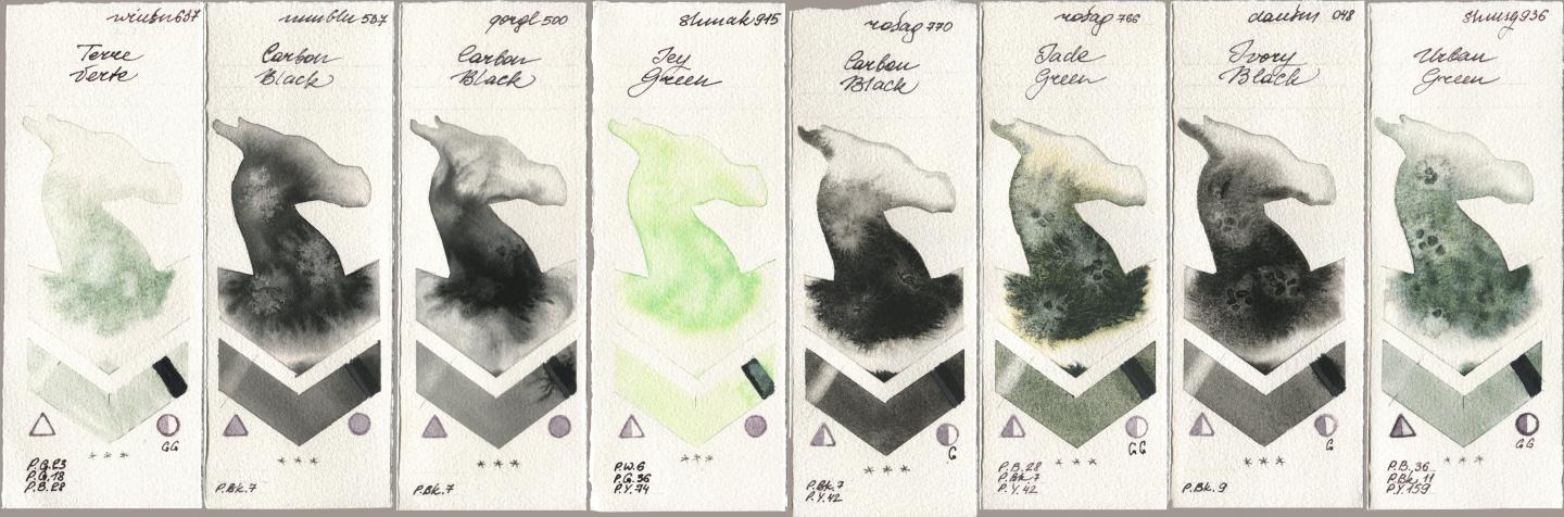 Winsor & Newton Professional 637 Terre Verte, Maimeri Blu 537 Carbon Black, Golden QOR 500 Carbon Black, Shminke Akademie Aquarell 915 Icy Green, Rosa Gallery 770 Carbon Black, 766 Jade Green, Daniel Smith 048 Ivory Black, Shminke Horadam Aquarell 936 Urban Gre watercolor swatch