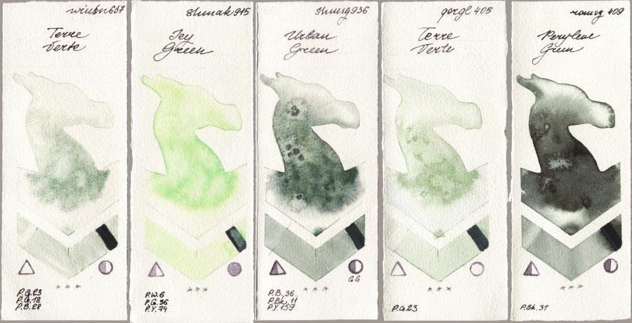 Winsor & Newton Professional 637 Terre Verte vs Shminke Akademie Aquarell 915 Icy Green vs Shminke Horadam Aquarell 936 Urban Green vs Golden QOR 405 Terre Verte vs Roman Szmal Aquarius 409 Perylene Green watercolor swatch