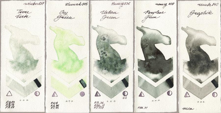 Winsor & Newton Professional 637 Terre Verte vs Shminke Akademie Aquarell 915 Icy Green vs Shminke Horadam Aquarell 936 Urban Green vs Roman Szmal Aquarius 409 Perylene Green vs Royal Talens Rembrandt Watercolour 840 Graphite watercolor swatch