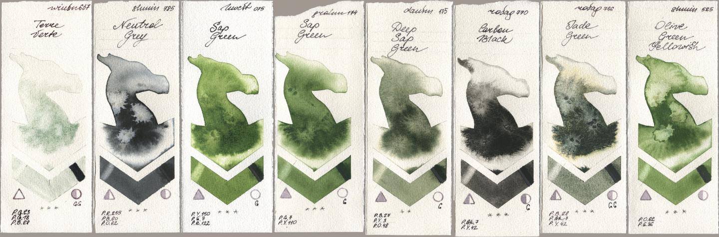 Winsor & Newton Professional 637 Terre Verte, Shminke Horadam Aquarell 785 Neutral Grey, Holbein Artists Watercolor 075 Sap Green, M. Graham & Co. Artists 174 Sap Green, Daniel Smith 175 Deep Sap Green, Rosa Gallery 770 Carbon Black, 766 Jade Green, 525 Olive Green Yellowi watercolor swatch