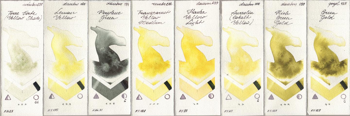 Winsor & Newton Professional 638 Terre Verte (Yellow Shade), Daniel Smith 165 Lemon Yellow, 194 Perylene Green, Royal Talens Rembrandt Watercolour 272 Transparent Yellow Medium, 039 Hansa Yellow Light, 006 Aureolin (Cobalt Yellow), 099 Rich Green Gold, Golden QOR 425 Green Go watercolor swatch