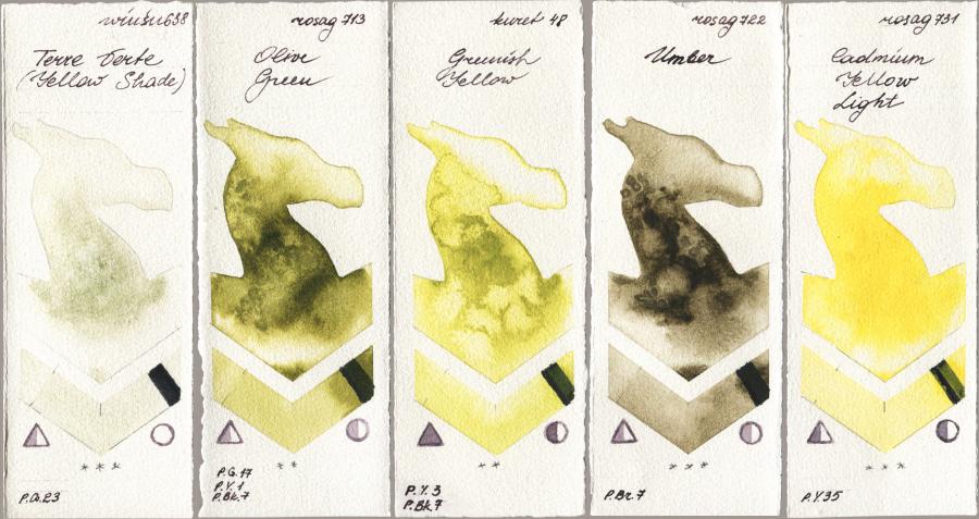 Winsor & Newton Professional 638 Terre Verte (Yellow Shade) vs Rosa Gallery 713 Olive Green vs Kuretake Gansai Tambi 048 Greenish Yellow vs 722 Umber vs 731 Cadmium Yellow Light watercolor swatch
