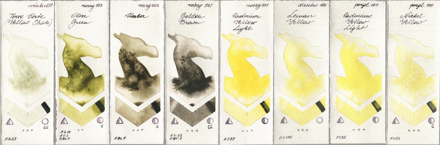 Winsor & Newton Professional 638 Terre Verte (Yellow Shade), Rosa Gallery 713 Olive Green, 722 Umber, 761 Golden Brown, 731 Cadmium Yellow Light, Daniel Smith 165 Lemon Yellow, Golden QOR 120 Cadmium Yellow Light, 100 Nickel Yell watercolor swatch