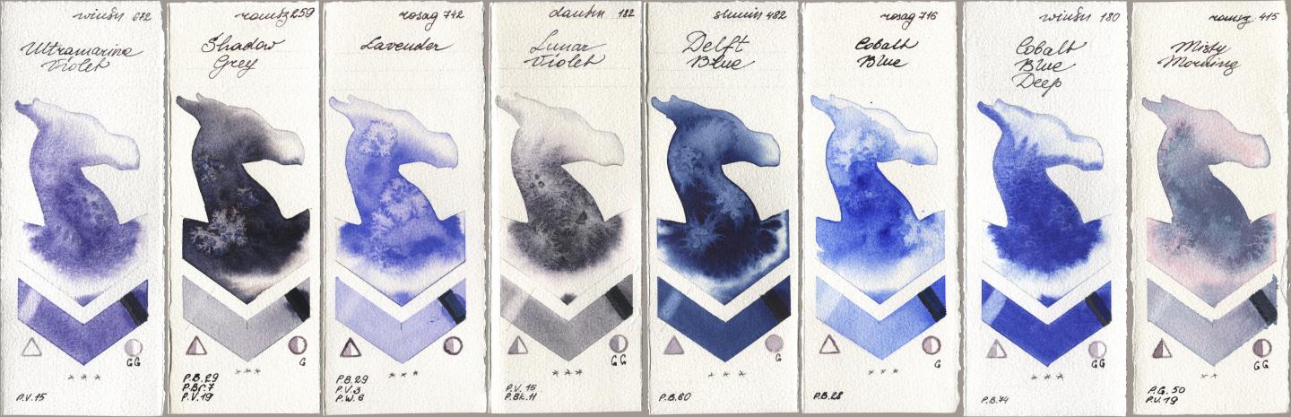 Winsor & Newton Professional 672 Ultramarine Violet, Roman Szmal Aquarius 259 Shadow Grey, Rosa Gallery 742 Lavender, Daniel Smith 182 Lunar Violet, Shminke Horadam Aquarell 482 Delft Blue, 716 Cobalt Blue, 180 Cobalt Blue Deep, 415 Misty Morni watercolor swatch