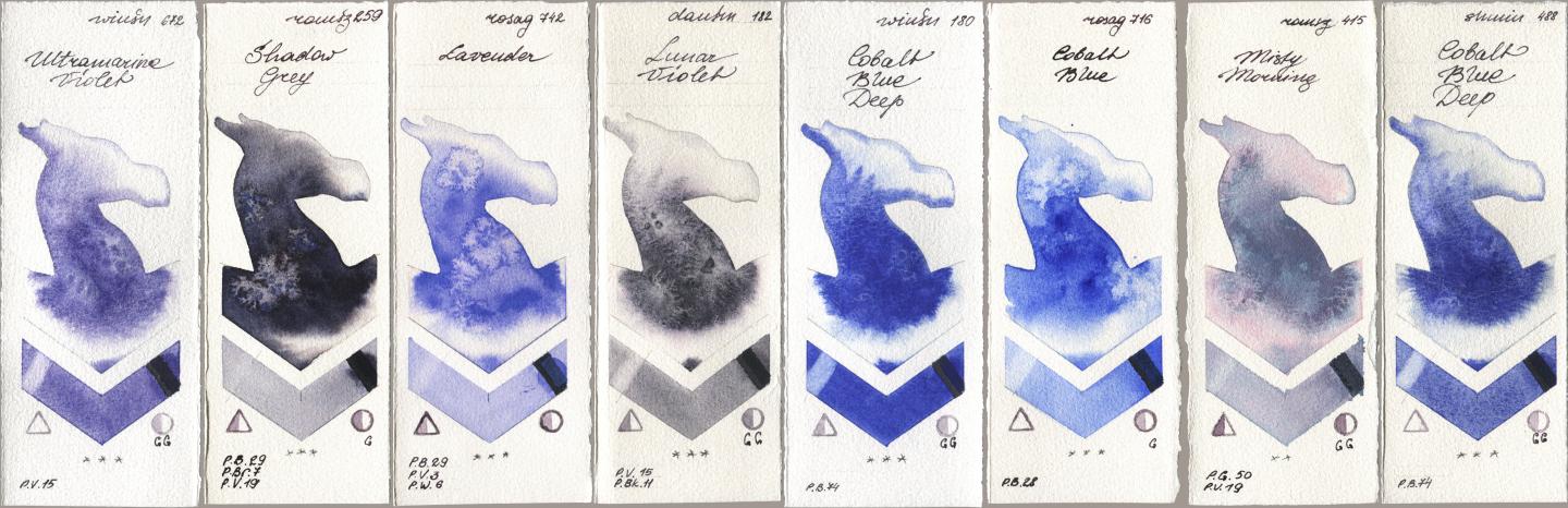 Winsor & Newton Professional 672 Ultramarine Violet, Roman Szmal Aquarius 259 Shadow Grey, Rosa Gallery 742 Lavender, Daniel Smith 182 Lunar Violet, 180 Cobalt Blue Deep, 716 Cobalt Blue, 415 Misty Morning, Shminke Horadam Aquarell 488 Cobalt Blue De watercolor swatch