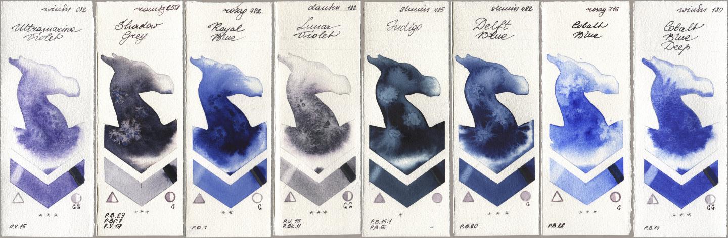Winsor & Newton Professional 672 Ultramarine Violet, Roman Szmal Aquarius 259 Shadow Grey, Rosa Gallery 782 Royal Blue, Daniel Smith 182 Lunar Violet, Shminke Horadam Aquarell 485 Indigo, 482 Delft Blue, 716 Cobalt Blue, 180 Cobalt Blue De watercolor swatch