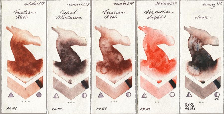 Winsor & Newton Professional 678 Venetian Red vs Roman Szmal Aquarius 239 Caput Mortuum vs Royal Talens Rembrandt Watercolour 349 Venerian Red vs Shminke Horadam Aquarell 342 Vermilion Light vs 384 Lava watercolor swatch
