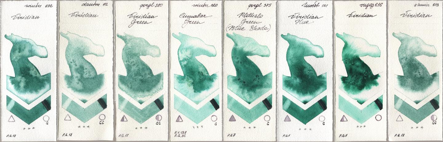 Winsor & Newton Professional 692 Viridian, Daniel Smith 112 Viridian, Golden QOR 380 Viridian Green, 420 Cinnabar Green, 375 Phthalo Green (Blue Shade), Holbein Artists Watercolor 061 Virdian Hue, Royal Talens Van Gogh Watercolour 616 Viridian, Shminke Horadam Aquarell 513 Viridi watercolor swatch