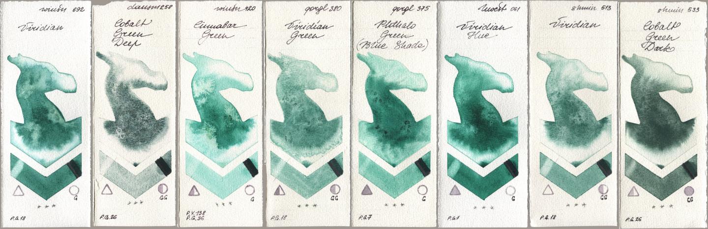 Winsor & Newton Professional 692 Viridian, Daniel Smith 258 Cobalt Green Deep, 420 Cinnabar Green, Golden QOR 380 Viridian Green, 375 Phthalo Green (Blue Shade), Holbein Artists Watercolor 061 Virdian Hue, Shminke Horadam Aquarell 513 Viridian, 533 Cobalt Green Da watercolor swatch