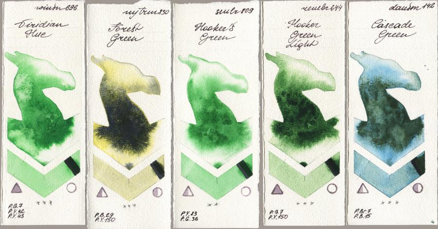 Winsor & Newton Professional 696 Viridian Hue vs Mijello Mission Gold 830 Forest Green vs Sennelier l Aquarelle 809 Hookers Green vs Royal Talens Rembrandt Watercolour 644 Hooker Green Light vs Daniel Smith 142 Cascade Green watercolor swatch