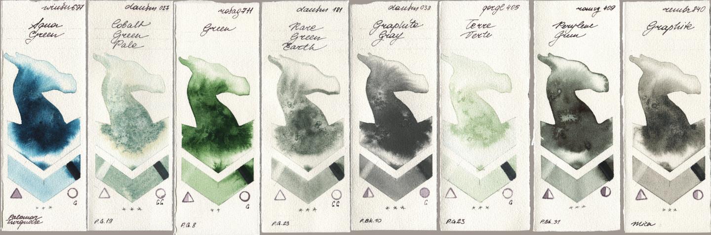 Winsor & Newton Professional 697 Aqua Green, Daniel Smith 027 Cobalt Green Pale, Rosa Gallery 711 Green, 181 Rare Green Earth, 038 Graphite Gray, Golden QOR 405 Terre Verte, Roman Szmal Aquarius 409 Perylene Green, Royal Talens Rembrandt Watercolour 840 Graphi watercolor swatch