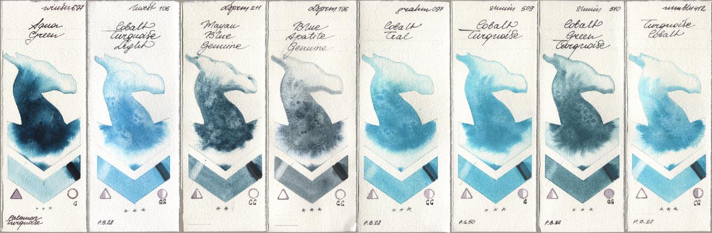 Winsor & Newton Professional 697 Aqua Green, Holbein Artists Watercolor 106 Cobalt Turquoise Light, Daniel Smith 211 Mayan Blue Genuine, 196 Blue Apatite Genuine, M. Graham & Co. Artists 097 Cobalt Teal, Shminke Horadam Aquarell 509 Cobalt Turquoise, 510 Cobalt Green Turquoise, Maimeri Blu 412 Turquoise Coba watercolor swatch