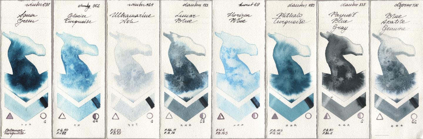 Winsor & Newton Professional 697 Aqua Green, Shminke Horadam Aquarell 962 Glacier Turquoise, 424 Ultramarine Ash, Daniel Smith 183 Lunar Blue, Kuretake Gansai Tambi 069 Horizon Blue, 080 Phthalo Turquoise, 235 Paynes Blue Gray, 196 Blue Apatite Genui watercolor swatch