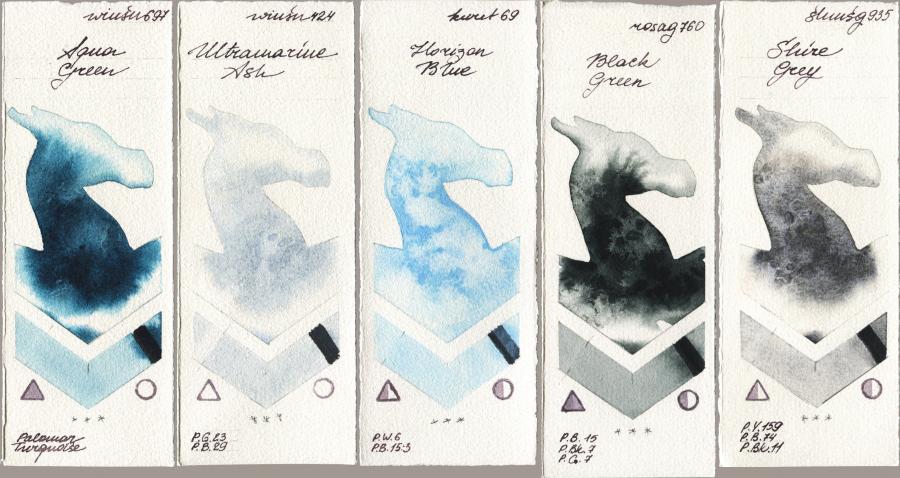 Winsor & Newton Professional 697 Aqua Green vs 424 Ultramarine Ash vs Kuretake Gansai Tambi 069 Horizon Blue vs Rosa Gallery 760 Black Green vs Shminke Horadam Aquarell 935 Shire Grey watercolor swatch