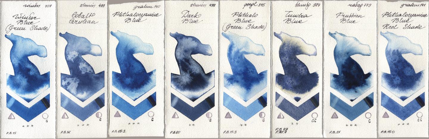 Winsor & Newton Professional 707 Winsor Blue (Green Shade), Shminke Horadam Aquarell 499 Cobalt Cerulean, M. Graham & Co. Artists 140 Phthalocyanine Blue, 498 Dark Blue, Golden QOR 345 Phthalo Blue (Green Shade), 984 Tundra Blue, Rosa Gallery 779 Prussian Blue, 141 Phthalocyanine Blue Red Sha watercolor swatch