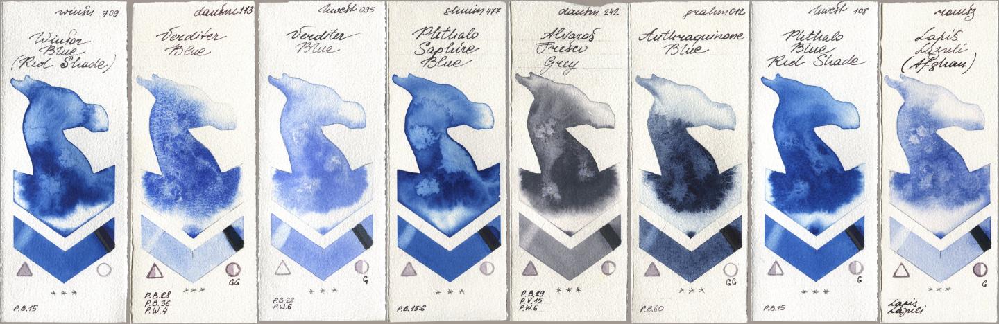 Winsor & Newton Professional 709 Winsor Blue (Red Shade), Daniel Smith 173 Verditer Blue, Holbein Artists Watercolor 095 Verditer Blue, Shminke Horadam Aquarell 477 Phthalo Saphire Blue, 242 Alvaros Fresco Grey, M. Graham & Co. Artists 012 Anthraquinone Blue, 108 Phthalo Blue Red Shade, Roman Szmal Aquarius 999 Lapis Lazuli Afgh watercolor swatch