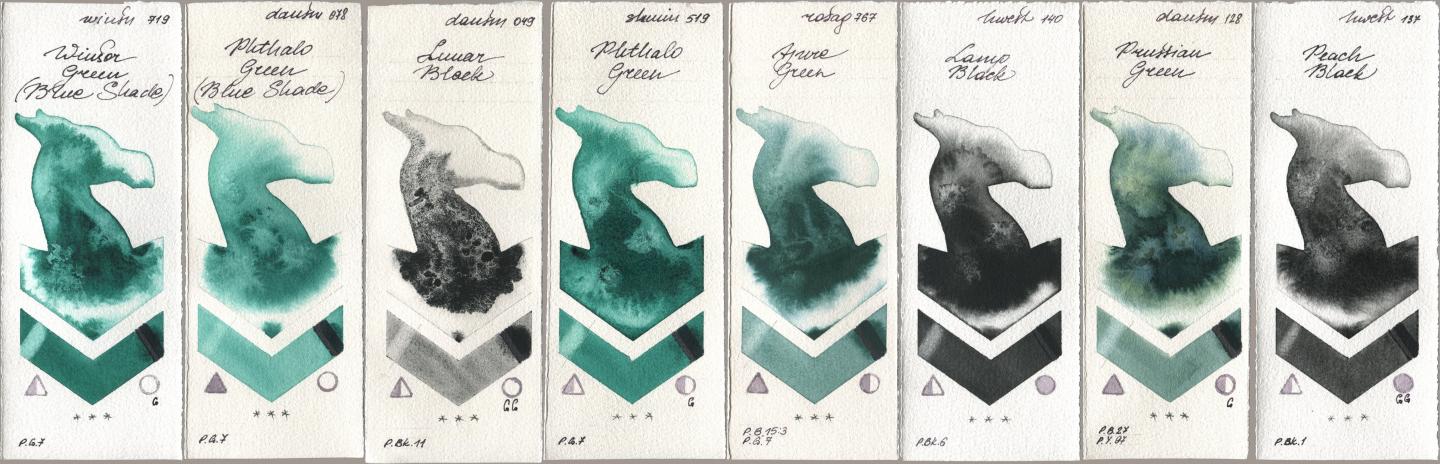 Winsor & Newton Professional 719 Winsor Green (Blue Shade), Daniel Smith 078 Phthalo Green (Blue Shade), 049 Lunar Black, Shminke Horadam Aquarell 519 Phthalo Green, Rosa Gallery 767 Azure Green, Holbein Artists Watercolor 140 Lamp Black, 128 Prussian Green, 137 Peach Bla watercolor swatch