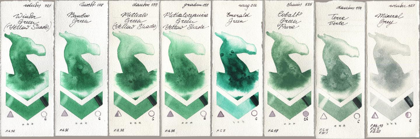Winsor & Newton Professional 721 Winsor Green (Yellow shade), Holbein Artists Watercolor 078 Bamboo Green, Daniel Smith 079 Phthalo Green (Yellow Shade), M. Graham & Co. Artists 151 Phthalocyanine Green Yellow Shade, Rosa Gallery 712 Emerald Green, Shminke Horadam Aquarell 535 Cobalt Green Pure, 104 Terre Verte, 427 Mineral Gr watercolor swatch