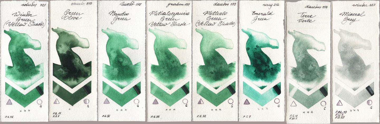 Winsor & Newton Professional 721 Winsor Green (Yellow shade), Shminke Horadam Aquarell 515 Green Olive, Holbein Artists Watercolor 078 Bamboo Green, M. Graham & Co. Artists 151 Phthalocyanine Green Yellow Shade, Daniel Smith 079 Phthalo Green (Yellow Shade), Rosa Gallery 712 Emerald Green, 104 Terre Verte, 427 Mineral Gr watercolor swatch